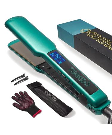 TSEKIDO Hair Straightener and Curler 2 in 1, Professional Titanium Flat Iron with Dual Voltage and LCD Display, Instant Heating Hair Straightening Iron with Plate Lock (1.75 inch, Green) 1.75 Inch Green