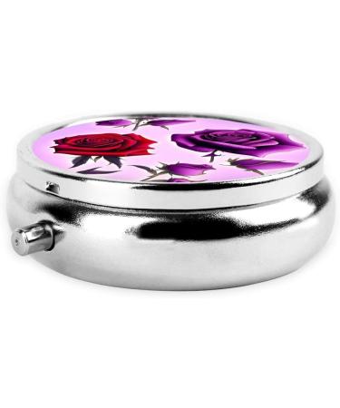Red & Purple Roses Round Pill Box | 3-Compartment Organizer for Travel | Portable Pill Storage for Purse & Pocket - Buy Online on GoSupps.com