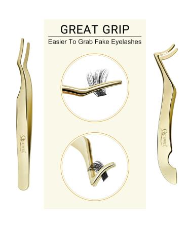 QUEWEL Eyelash Applicator Tool - 2 Stainless Steel Cluster Tweezers for Individual Eyelashes | DIY Curved Eyelash Tweezers | Golden Eyelash Applicator for Perfect Lash Application - Buy Online on GoSupps.com