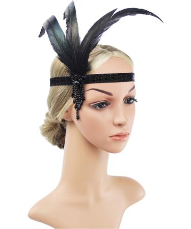 Feather Headband ARPDJK 1920s Flapper Headpiece with Beaded Vintage Accessories for Costume Prom Wedding Carnival Party Black Feather Hair band for Women - Buy Online on GoSupps.com