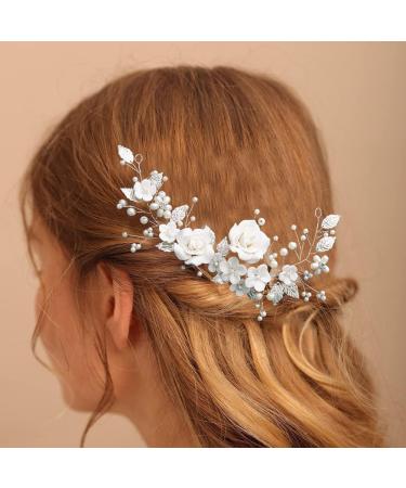 Flower Bride Headband Pearl Rhinestones Headpiece Leaf Crystal Hair Vine Silver Hair Band Wedding Headdress Bridesmaid Hair Accessories for Women Gift Evening Prom Party (silver) - Buy Online on GoSupps.com