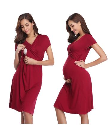 Irdcomps Women s Breastfeeding Nightdress Maternity Nightshirt Nursing Nightgown Soft V Neck Pajama Loungewear Tops Dress for Pregnant Casual Wine Red S