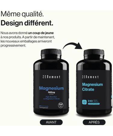 Magnesium Citrate - High Content 360 mg of Elemental Magnesium - 240 Vegan Capsules 8 Months - Vitamin Winter Adult Fatigue Nervous System - Sports Supplement - Zenement - Buy Online on GoSupps.com