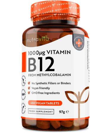 Vitamin B12 1000mcg - 450 High Strength Vegan Tablets - Max Strength B12 Supplement - Contributes to The Reduction of Tiredness and Fatigue - Made in The UK by Nutravita 450 Count (Pack of 1)