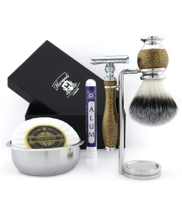 Classic Old-School Men's Shaving Set Synthetic Brush DE Safety (Blades NOT Included) Dual Stand Engraved Bowl & Soap