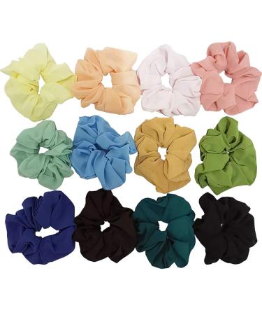 Scrunchies Chiffon Set 12 Pieces Colorful Hair Ties Elastic Hair Bands Rubber Bands for Women Girls Ponytail Hair Accessories