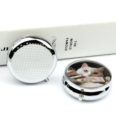Round Travel Pill Box - 3 Compartment White Cat & Dollar Design - Portable Medicine Organizer for Purse & Pocket - Buy Online on GoSupps.com