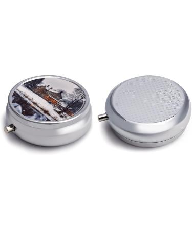 Round Pill Box - Winter Farmhouse Print | 3 Compartment Decorative Metal Pill Organizer | Portable Pocket Medicine Case - Style-27 - Buy Online on GoSupps.com