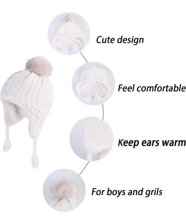 LANGZHEN Toddler Winter Hat Earflap Knit Cap Fleece Lined Beanie - White (6-12 Months) - Buy Online on GoSupps.com