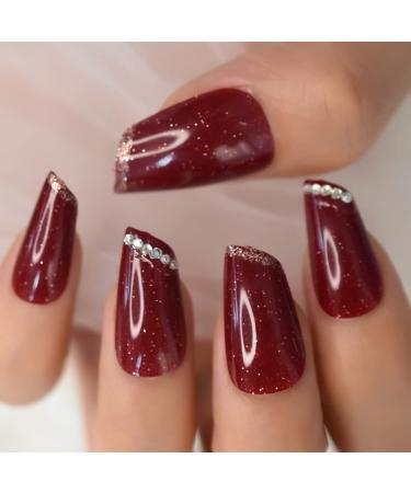 Burgundy Galaxy Glitter Shiny Medium Length Fake Nails Set - 24 Rhinestone DIY Nail Art Tips - Buy Online on GoSupps.com