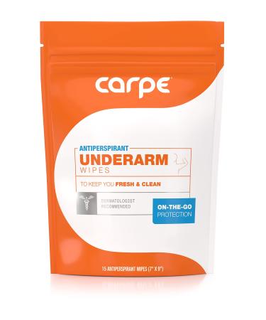 Carpe Antiperspirant Underarm Wipes for Sweat Blocking, Deodorizing, and Cleansing When Youre On the Move - 15 Residue Free, Individually Wrapped Wipes - Clean and Refreshing Scent 15 Count (Pack of 1)