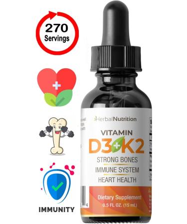 Herbal Nutrition Organic Vitamin D3 K2 Drops 5000 IU D3 + 63mcg MK7 K2 270 Servings, Vegan, Liquid Supplement Superior Delivery Bone, Heart, Immune & Mood Support Peppermint Flavor 1 - Buy Online on GoSupps.com
