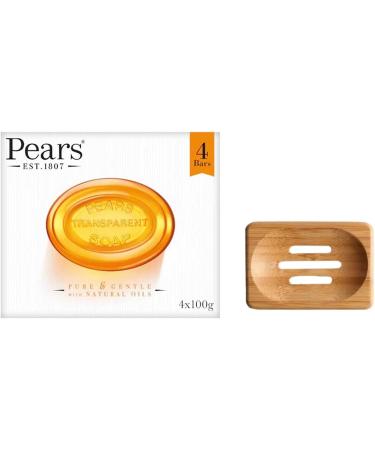 Pears Pure & Gentle Transparent Soap Bar 4x100 g (Natural Oils)+ Dr Cosi Natural Wooden Bamboo Soap Dish Storage Holder - Buy Online on GoSupps.com