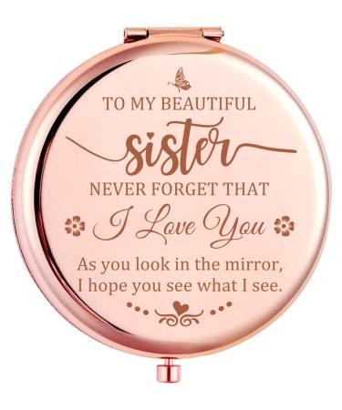 To My beautiful Sister Rose Gold Compact Travel Cosmetic Makeup Mirror  Handheld Small Portable Pocket Folding Mirror for Sister Girl Birthday  Graduation  Wedding  Christmas  Friendship Gifts