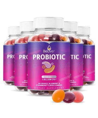 Probiotic Sugar Free Gummies - 5 Billion CFUs (Highest Strength Probiotics Gummy) Gut Digestive Support Immune System Chewable Supplement for Kids Men & Women - Mix Berries (5 Bottles)