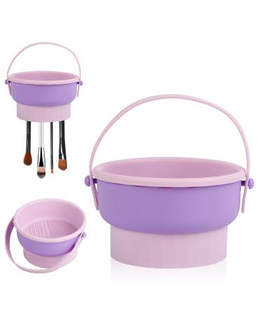 Silicone Makeup Brush Cleaner Mat 2 In 1 Hangable Makeup Brush Cleaning Bowl with Drying Makeup Brush Holder Multifunctional Cleaning Tools for Makeup Brushes Makeup Sponge Powder Puff (Purple)