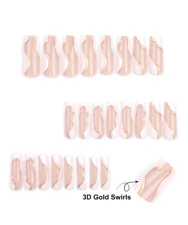 Extra Long Press On Nails - Aegenacess 3D Gold Swirls Handmade 24pcs Square Nails in Nude & White 12 Sizes Glue Stickers Included - Buy Online on GoSupps.com