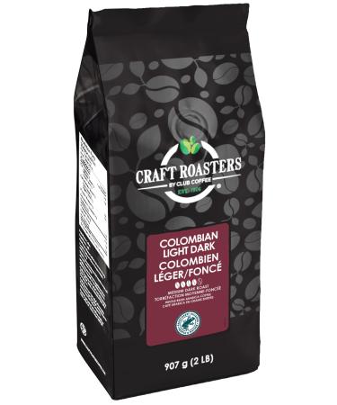 Club Coffee Craft Roasters Colombian Light/Dark - Medium Dark Roast Whole Bean Coffee Rainforest Alliance Certified 2 Pound Bag Colombian Light/Dark - Medium Dark Roast 907 g (Pack of 1)