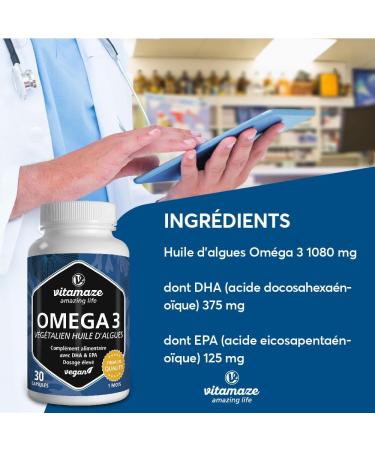 Omega 3 Vegan High Quality Seaweed Oil in High Dose - 1 Capsule per Day 1080mg with 375mg DHA and 125mg EPA for 1 Month - Maximum Bioavailability - Buy Online on GoSupps.com