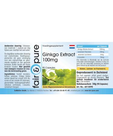 Fair & Pure - Ginkgo Capsules - Ginkgo Biloba Extract 95mg (24% Flavone - min. 6% Lactone) - Vegan - 90 capsules - Buy Online on GoSupps.com