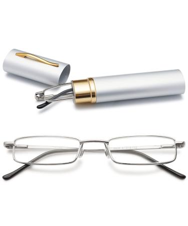 Vevesmundo metal reading glasses mini compact light spring hinge narrow classic reading aid glasses with metal etui 1 piece of silver blue light filter reading glasses 3.0 x