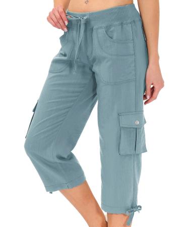 MoFiz Womens Capris with Pockets Loose Fit Casual Capri Pants Dressy Lightweight Ladies Baggy Cargo Pants for Hiking Grey Blue X-Large