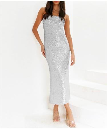 Tube Long Dresses for Women Sequined Solid Color Bodycon Strapless Off Shoulder Bandeau Dress Sexy L Silver - Buy Online on GoSupps.com
