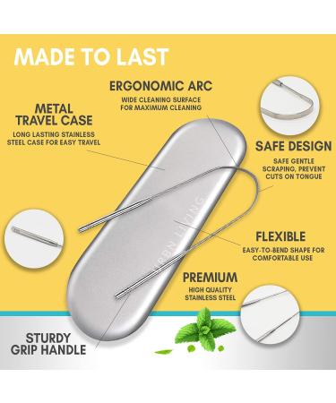 URBN LIVING U-Shaped Tongue Scraper Cleaner - 2 Pack with Metal Travel Case | Premium Grade Stainless Steel | Great for Healthy Oral Hygiene & Fighting Bad Breath - Buy Online on GoSupps.com