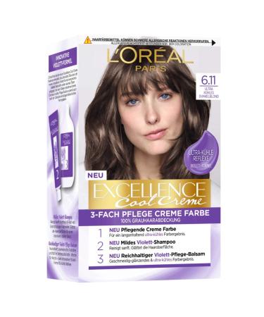 L'Or al Paris Permanent hair color with an ultra cool color result 100% gray hair cover set with coloring shampoo and care cream Excellence Cool cream No. 6.11 Dark blonde (blond) Ultra cooling dark blonde 258 g (1 Pack) - Buy Online on GoSupps.com