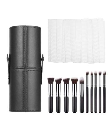 EKdirect Makeup Brush Set 10 Pieces Cosmetic Brushes with PU Leather Make Up Brush Holder and 20 Pieces Makeup Brush Protective Case