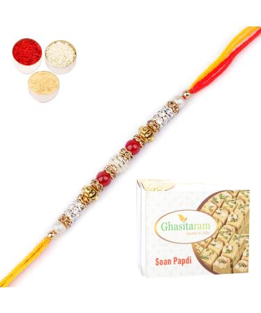 Ghasitaram Gifts Rakhi for Brother Rakhis Online - 6981 Fancy Thread Rakhi with 400 GMS of Soan Papdi