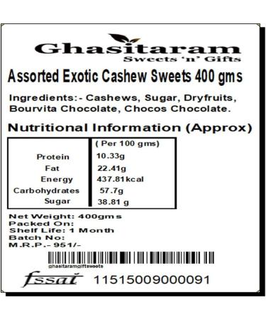Ghasitaram Gifts Diwali Gifts Assorted Exotic Cashew Sweets 400 GMS - Buy Online on GoSupps.com