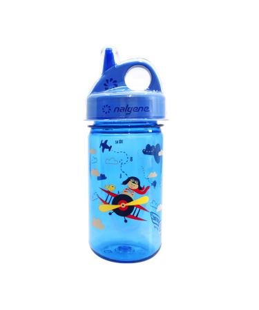 Nalgene Kids Sustain Grip-N-Gulp Water Bottles Made with Material Derived from 50% Plastic Waste  Leak Proof Sippy Cup  Durable  BPA and BPS Free  Dishwasher Safe  Reusable  12 Ounces  Orange Volcano Blue Biplane