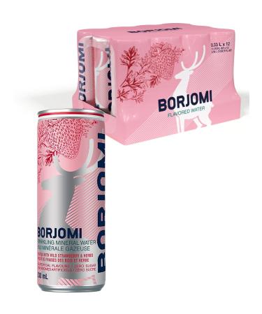 Borjomi Mineral Sparkling Water - pack Of 12 Can - natural spring water Wild Strawberry & Herbs Flavour - 330ml (11.15 Fl. Oz. Ea) mineral drinking water - Naturally Carbonated Flavoured Sparkling Water Wild Strawberry-Herbs