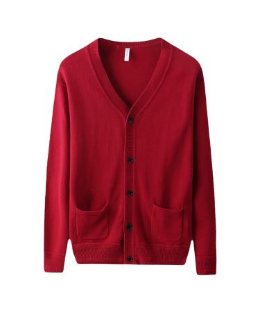 Men's Long-Sleeve Soft Touch Cardigan Sweater Regular Fit Casual Thick Knitted Top V Neck Buttons Sweater Coat with Pockets (Red,Medium)