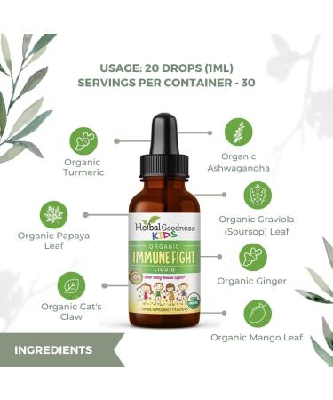 Organic Kids Immune Support Liquid Extract with Turmeric, Ashwagandha, and Papaya Leaf - 1oz Drops | Kids & Toddler Vitamins | Liquid Supplements by Herbal Goodness - Buy Online on GoSupps.com