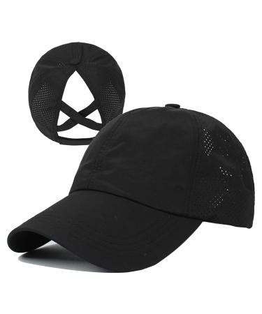 HGGE Womens Criss Cross Ponytail Baseball Cap Adjustable High Messy Bun Ponycap Quick Drying Hat Black
