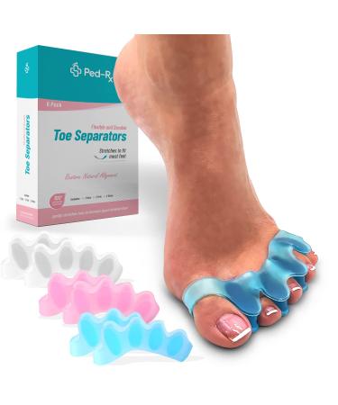 3 pairs Ped-Rx Toe Separators - Toe Stretchers - to Straighten Overlapping Toes, Crooked Toes, Hammer Toe, Correct Bunions, Restore Natural Alignment - Universal Size - 6 Pieces (Blue/Pink/White)