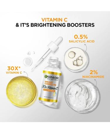 G.arnier_Skin_Naturals Bright Complete 30X Vitamin C Booster Face Serum Increases Skin's Glow Instantly and Reduces Spots Overtime with 2% Niacinamide + 0.5% Salicylic Acid for Men & Women 50 ml - Buy Online on GoSupps.com