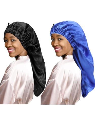 LadayPoa 2 Pcs Long Satin Sleep Cap for Women Girls Silky Cap for Sleeping Large Satin Bonnet Single Layer Sleep Cap with Button for Long Curly Hair Protection Black+Blue