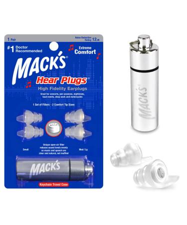 Mack's High Fidelity Ear Plugs for Concerts Musicians Motorcycles Noise Sensitivity - 1 Pair (2 Comfort Tip Sizes) - Clear Hear Plugs with Case
