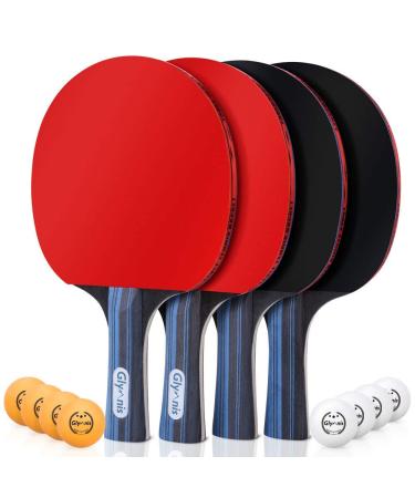 Glymnis Ping Pong Paddles Set of 4 Table Tennis Rackets with 8 Balls, Storage Case for Indoor Outdoor Table Tennis Paddle Game Accessories