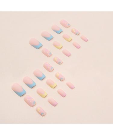 24pcs French Tip Short Pink Yellow False Nails with Flower Patterns - Women's Square Press on Nails - Removable Glue-on Fake Nails for Nail Art - 0266Y74 - Buy Online on GoSupps.com