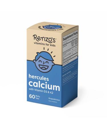 Renzo's Hercules Calcium Supplement with Vitamin D3 & K2 - Dissolving Kids Vitamins - 60 Grape-Flavored Melty Tabs