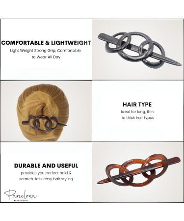 Parcelona French Triple Ringed Tortoise Shell Brown & Glossy Black Hair Slider Pin Ponytail Holder Barrette Set - 2 Pieces - Buy Online on GoSupps.com