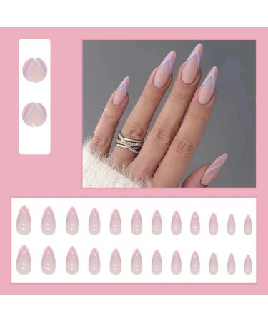 Justotry 24-Piece Press-On Nails - Short Pink & Light Blue Almond Acrylic Nails with Designs - Nude French Fake Nails for Women & Girls - Buy Online on GoSupps.com