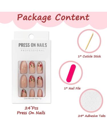 24Pcs Almond Flower Press on Nails - Short French Tip Fake Nails - Glossy Nude Pink False Nails with Vine Flower Design - Oval Acrylic - Full Cover Glue on Nails for Women and Girls - Buy Online on GoSupps.com