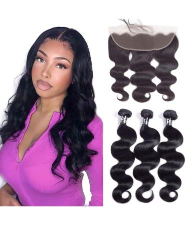 CHEEON (14 16 18+12 inch) Body Wave Bundles with Lace Frontal Brazilian Human Hair Weave 3 Bundles with Frontal 150% Density Natural Color 14 16 18 +12Frontal body wave bundles with lace frontal