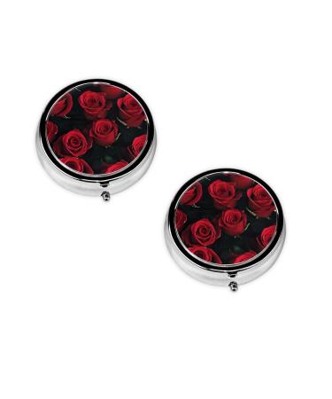 (Red and Black Rose) Round Pill Box 3 Compartment Pill Box Mini Decorative Pocket Purse Portable Travel Medicine Tablet Vitamin Holder Organizer Pill Case