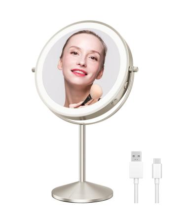 LOMRECS Vanity Mirror with Lights  1X/10X Magnifying Makeup Mirror with Lights  8 Inch Rechargeable Double Sided Lighted Makeup Mirror  Dimmable Led Vanity Mirror with 3 Color Lighting Modes